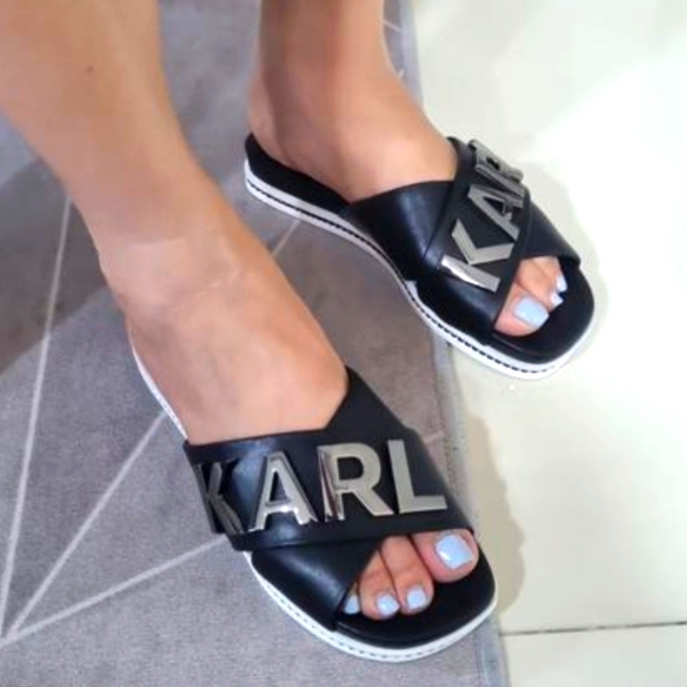 KARL LAGERFELD PARIS Janie Crisscross Embellished Slide Sandals, Womens 6.5